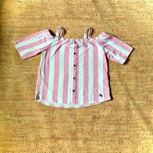 Pink and white striped off the shoulder button up